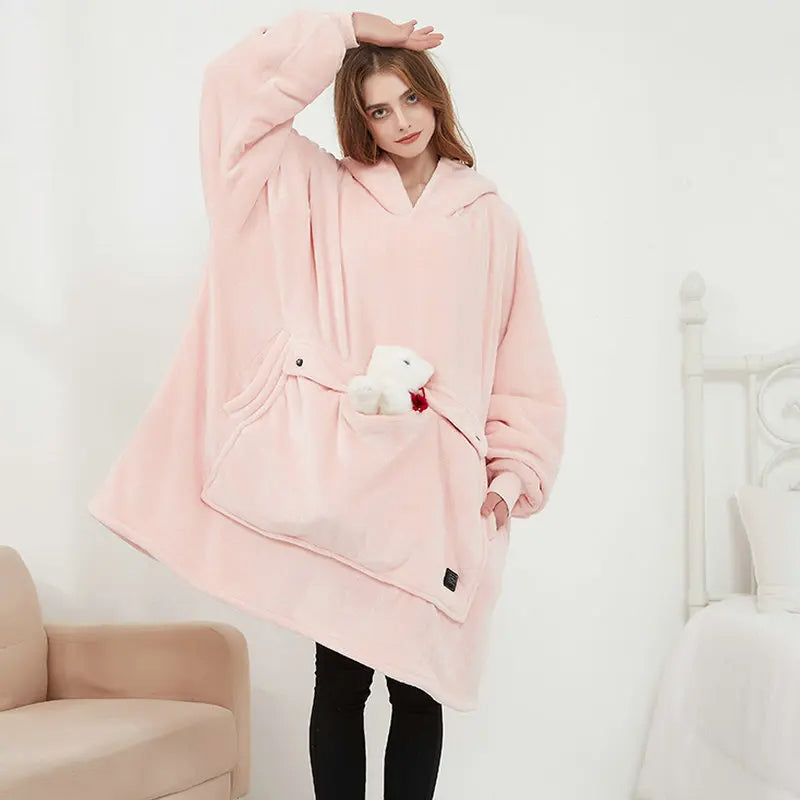Women Winter Thick Warm Hooded Outerwear Solid Elegant Soft Double Fleece Jacket Unisex Pocket Pullover Long Hoodies Home Wear