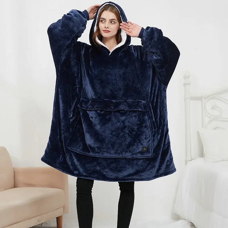 Women Winter Thick Warm Hooded Outerwear Solid Elegant Soft Double Fleece Jacket Unisex Pocket Pullover Long Hoodies Home Wear