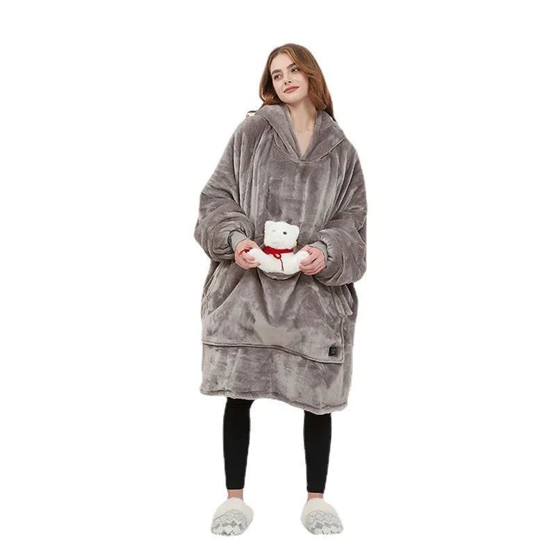 Women Winter Thick Warm Hooded Outerwear Solid Elegant Soft Double Fleece Jacket Unisex Pocket Pullover Long Hoodies Home Wear