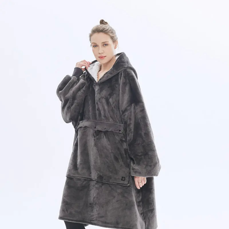 Women Winter Thick Warm Hooded Outerwear Solid Elegant Soft Double Fleece Jacket Unisex Pocket Pullover Long Hoodies Home Wear