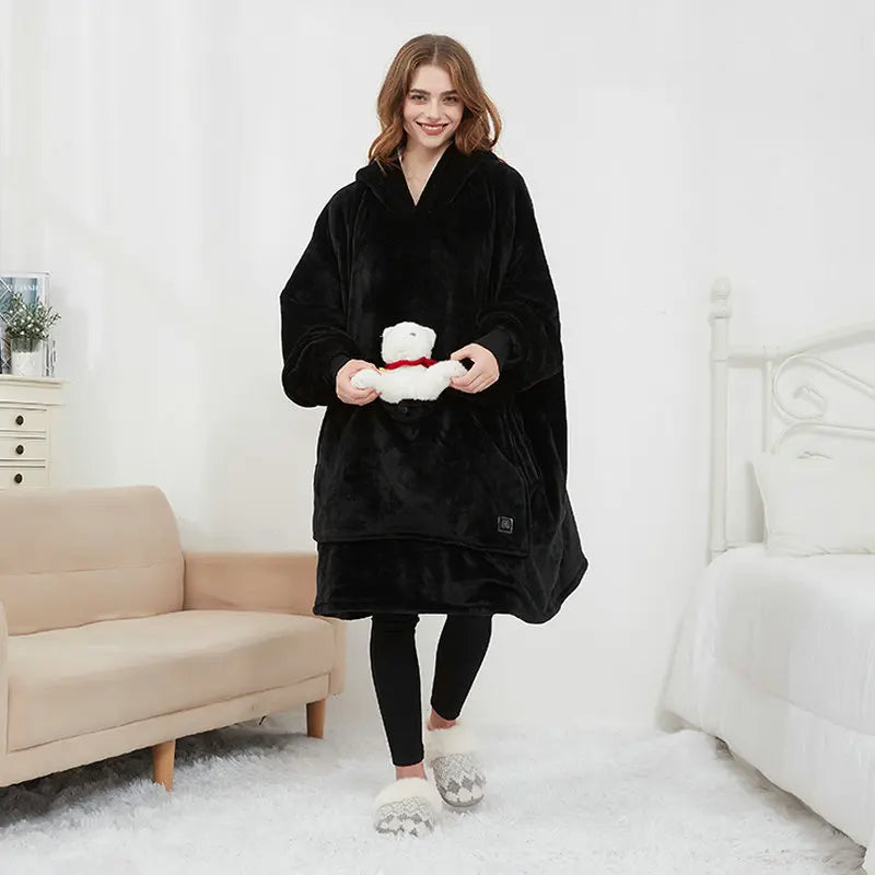 Women Winter Thick Warm Hooded Outerwear Solid Elegant Soft Double Fleece Jacket Unisex Pocket Pullover Long Hoodies Home Wear