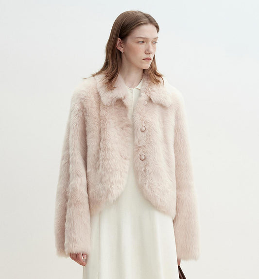 "Autumn Secret" Pink Lapel Tuscan Straight Fur Sheepskin Short Jacket