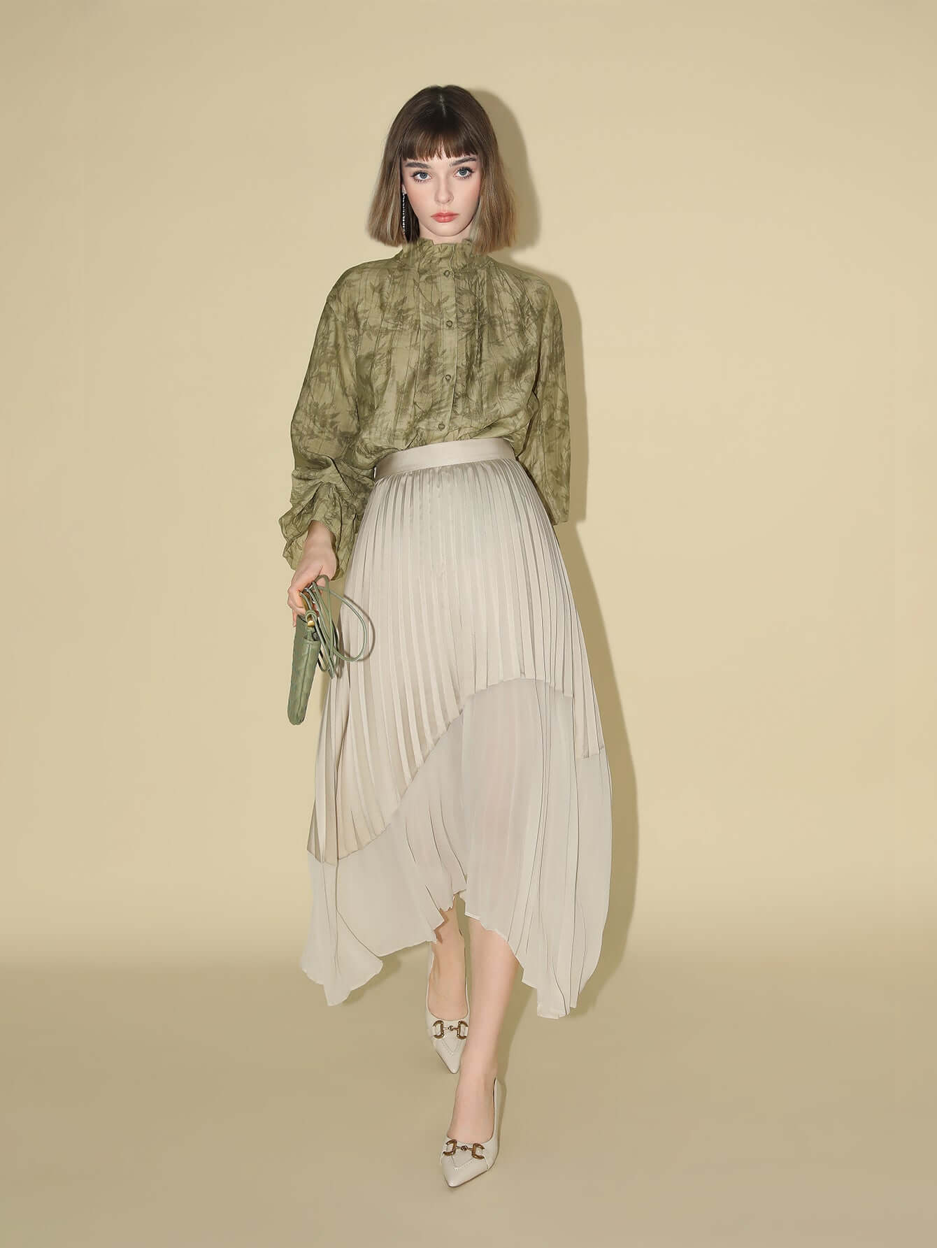 Bamboo Leaf Jacquard Ruffled Long Sleeve Blouse-1