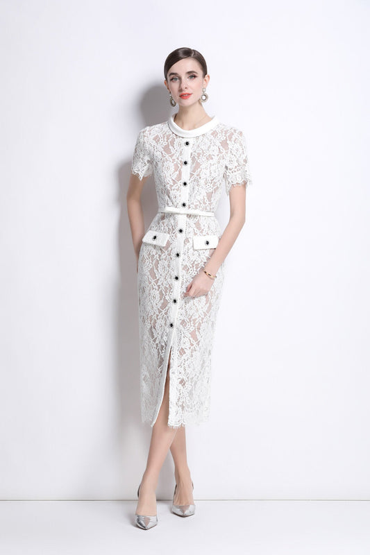 Blanca Slim Fit Round Neck Button Down Lace Dress-2