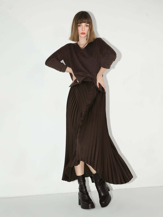 Chocolate Brown High-Low Asymmetric Pleated Midi Skirt-0