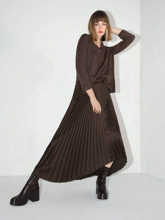 Chocolate Brown High-Low Asymmetric Pleated Midi Skirt-1