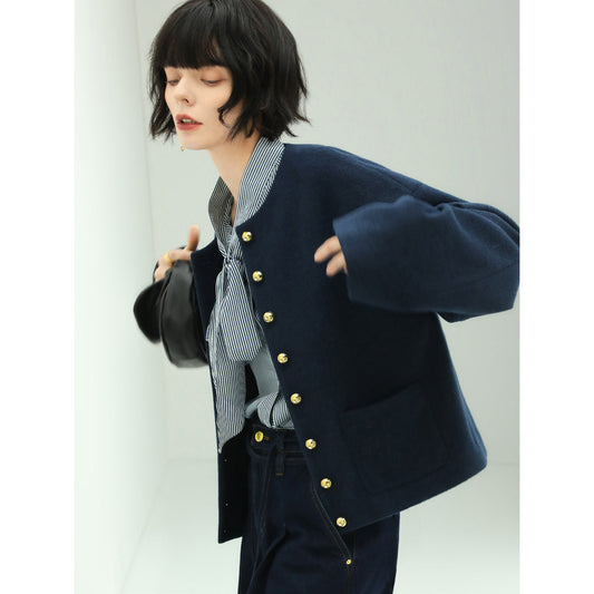 Classic Collarless Navy Woolen Jacket-0