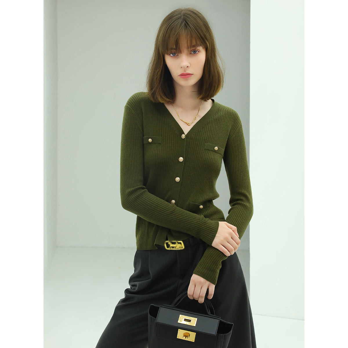 Classic V Neck Rib Green Knit Cardigan-1