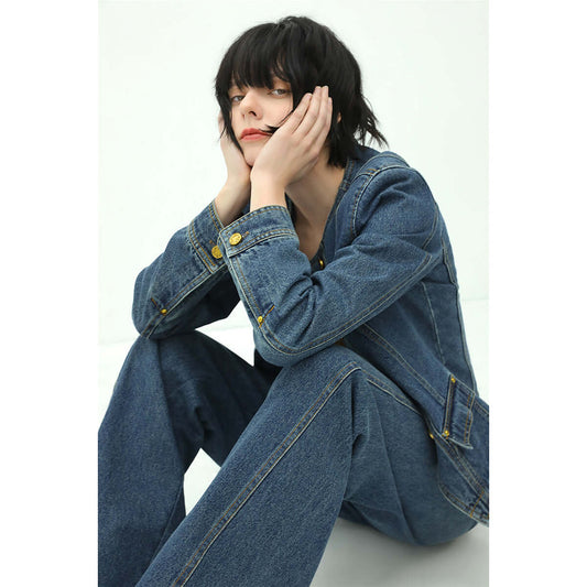Collarless Blue Denim Jacket-1