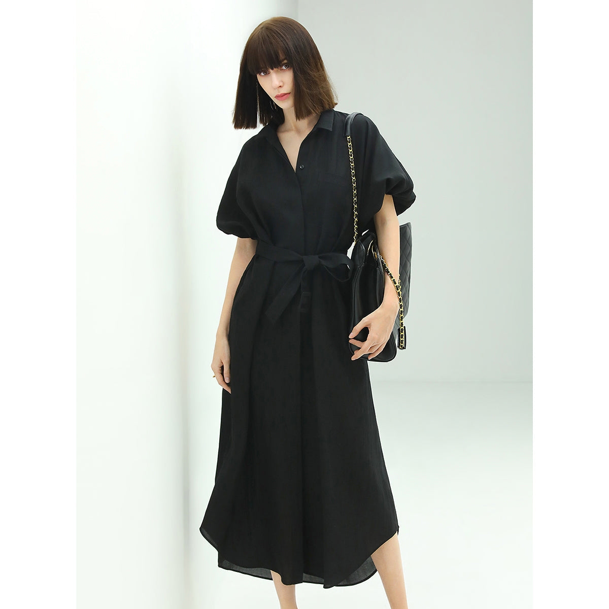 Corporate Puff Sleeved Belted Shirt Dress-0