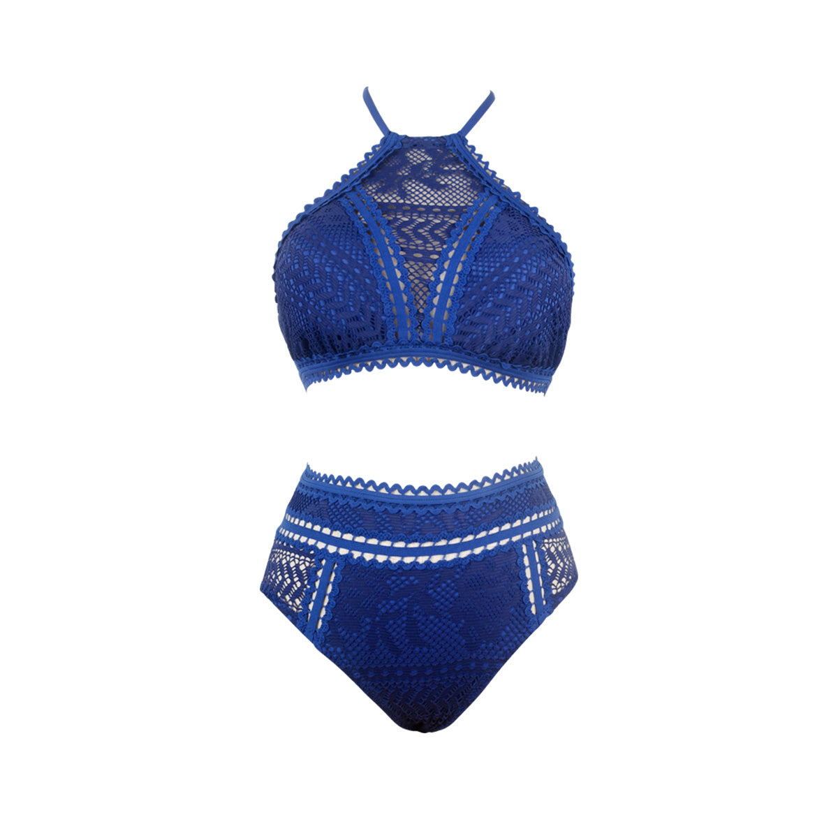 Crochet Lace Halter Neck Navy Two Piece Swimsuit-3