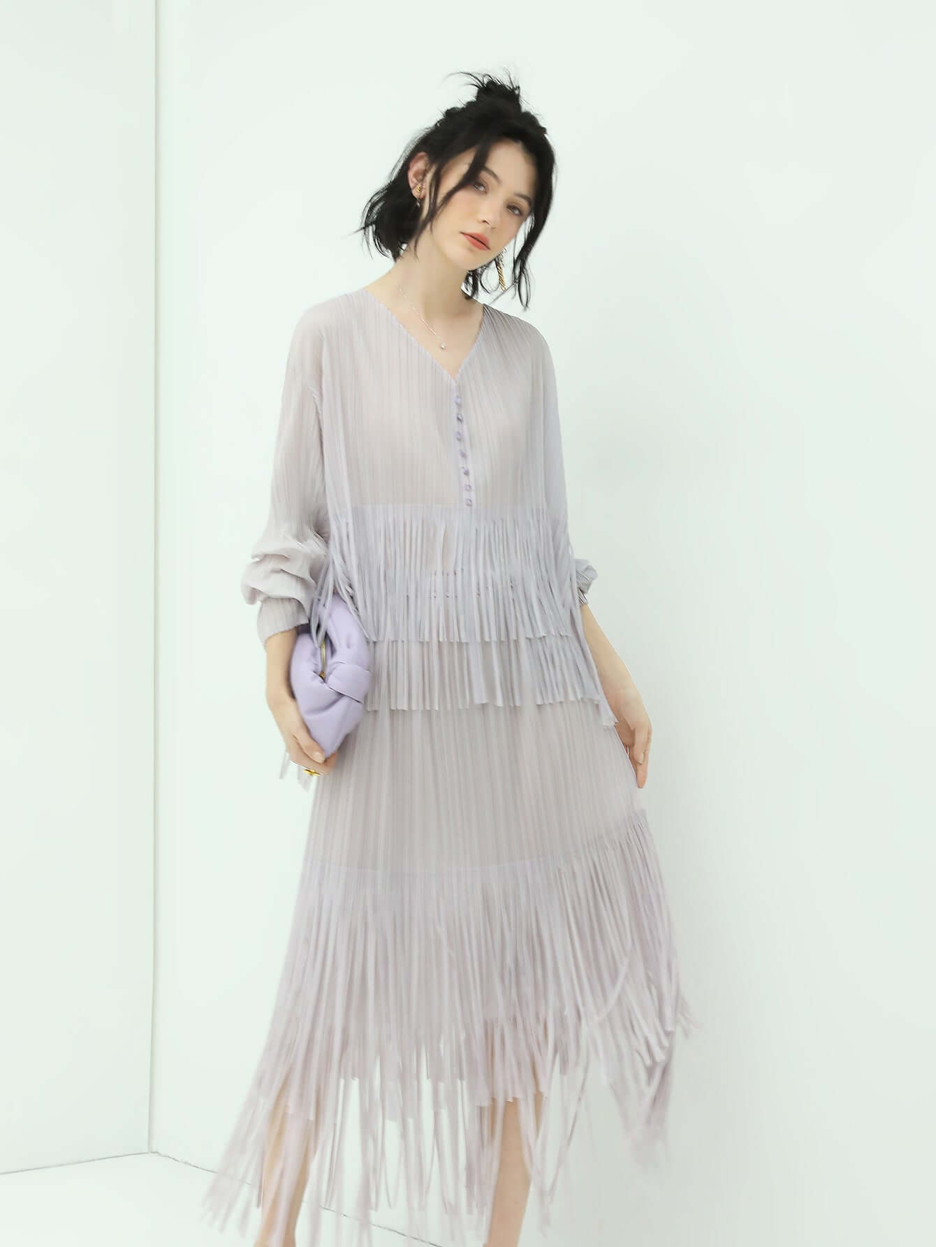 Dreamy Feminine Lilac Pleated Midi Skirt-0