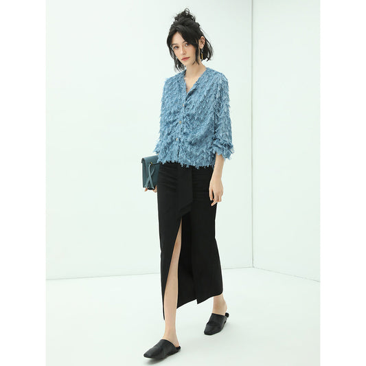 Fuzzy Jacquard Shaggy Blue Chiffon Cardigan-1