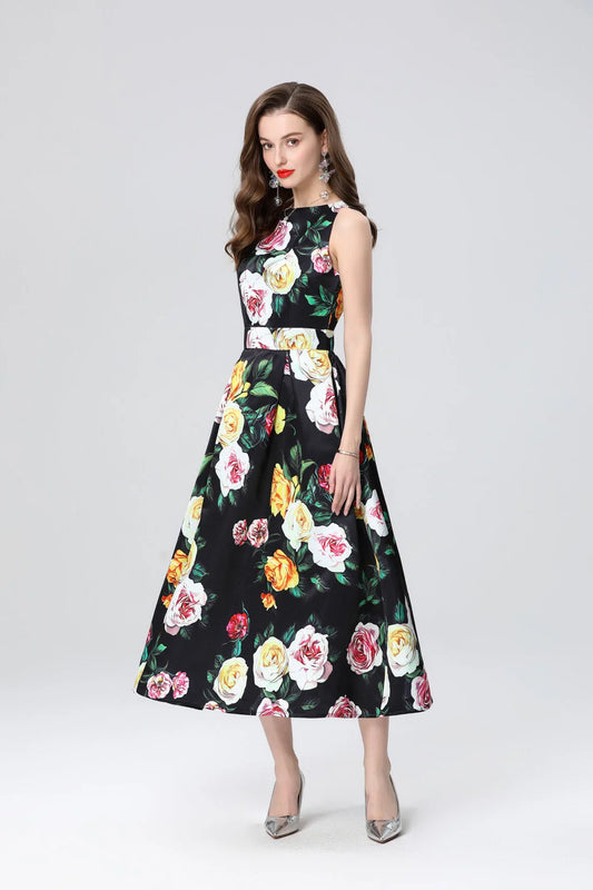 Garden Floral Structured Sleeveless High Waisted A Line Dress