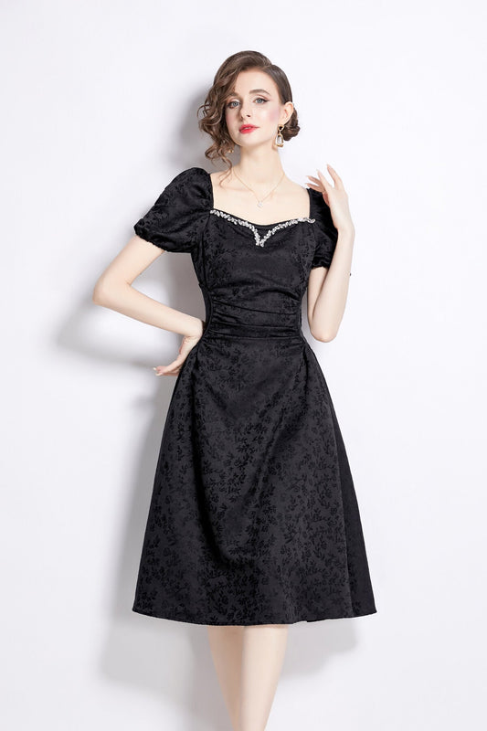 Jacquard Hand Beaded Square Neck Puff Sleeve Midi Dress-1