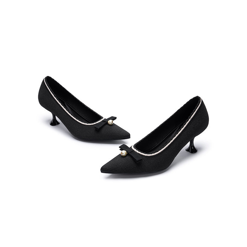 Pointed Toe Pearl Fabric Kitten Heels-2