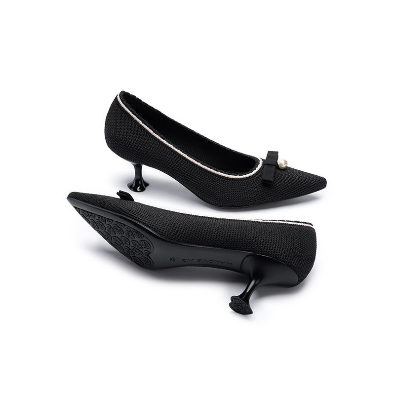 Pointed Toe Pearl Fabric Kitten Heels-4