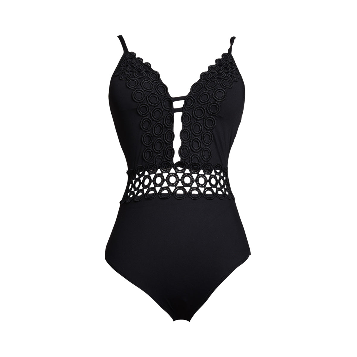 Sexy Black One Piece Textured Swimsuit with Plunging Scallop and Waist Cutouts-3