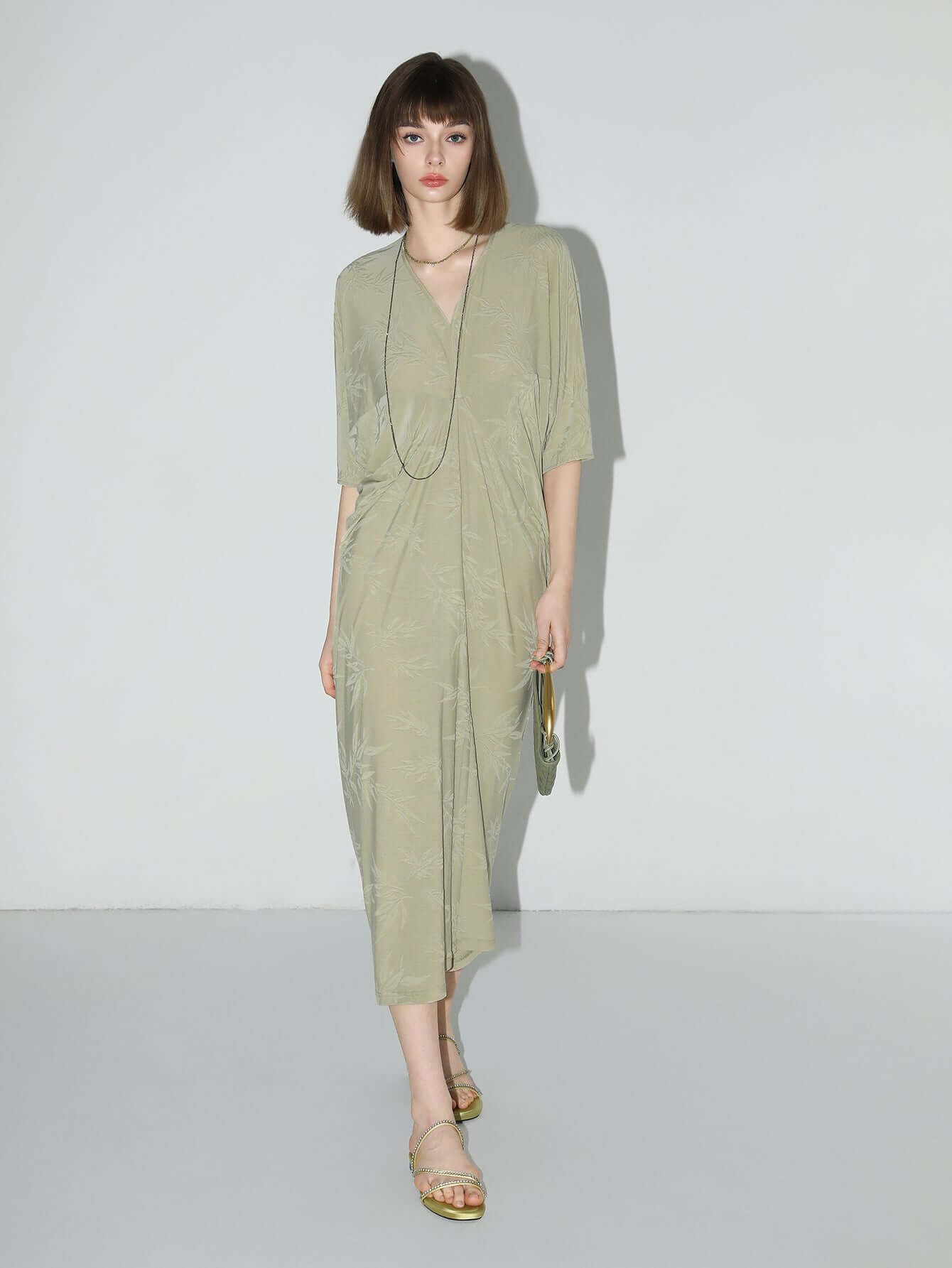 Shawl Neck Bamboo Jacquard Knit Maxi Dress-1