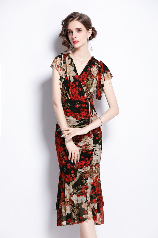 Slim Fit Plunging Neckline Floral Red Bodycon Dress-1