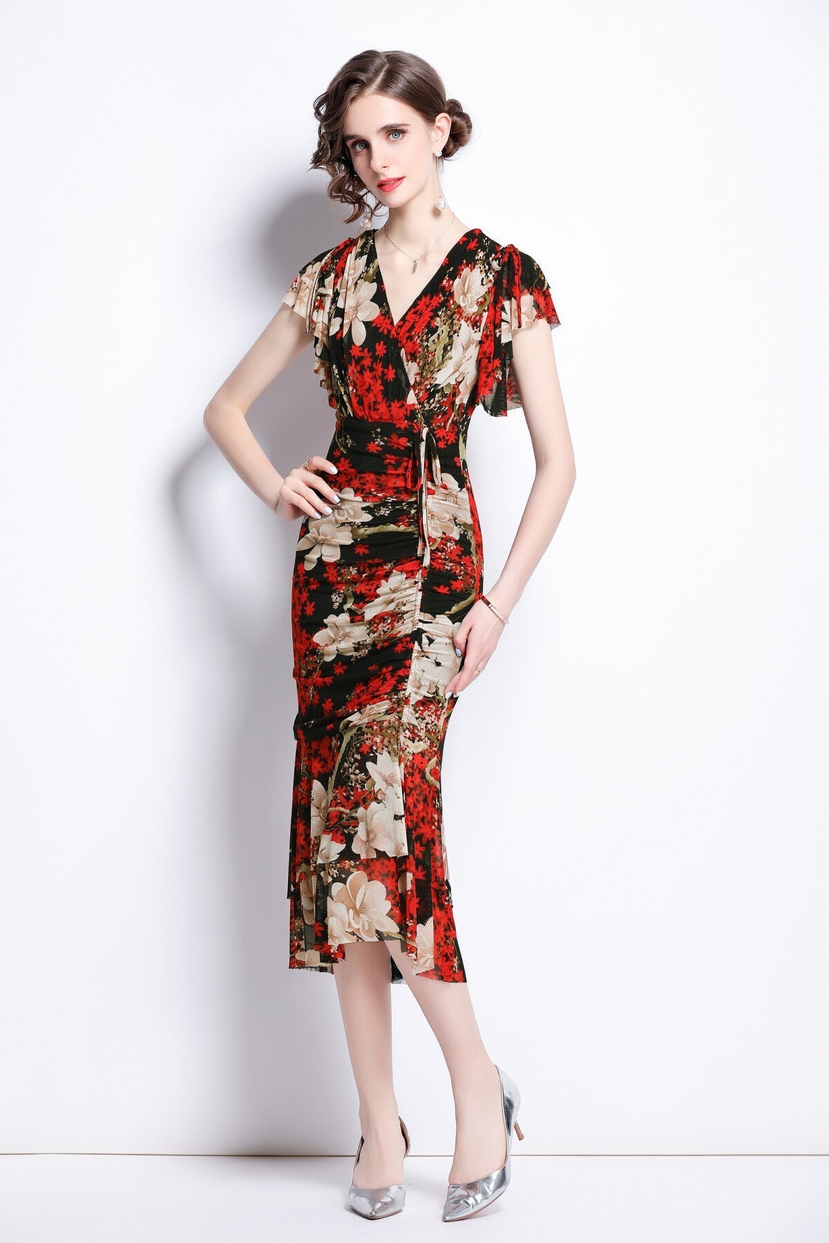 Slim Fit Plunging Neckline Floral Red Bodycon Dress-2