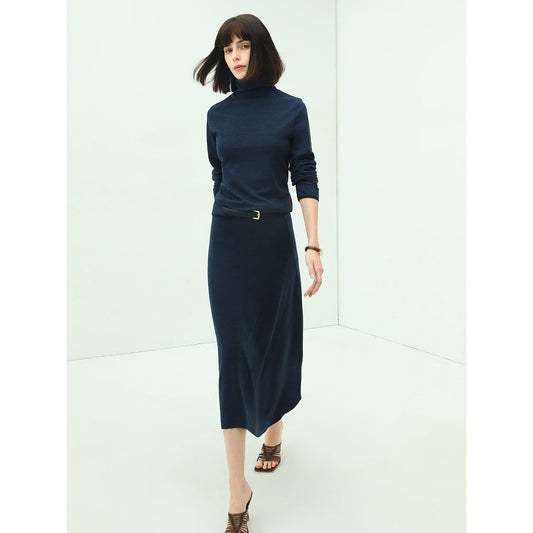 Soft Herringbone Belted Navy Knit Skirt-1