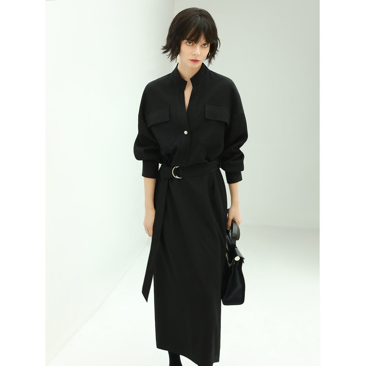 Structured Belted Black Shirt Dress-1