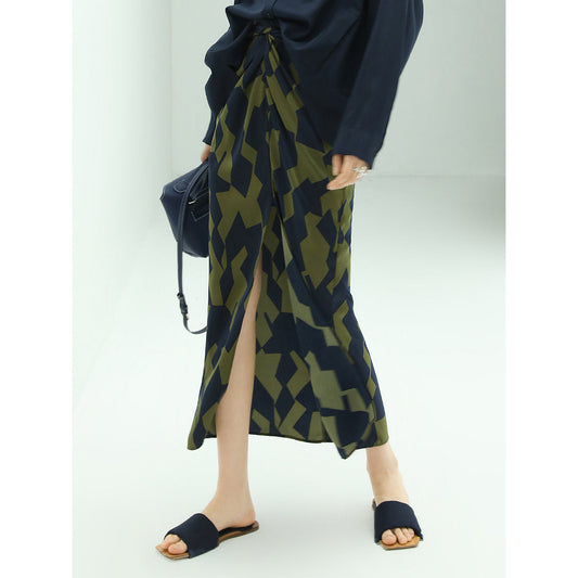 Twisted Front Green Geometric Green Midi Skirt with Front Slit-0