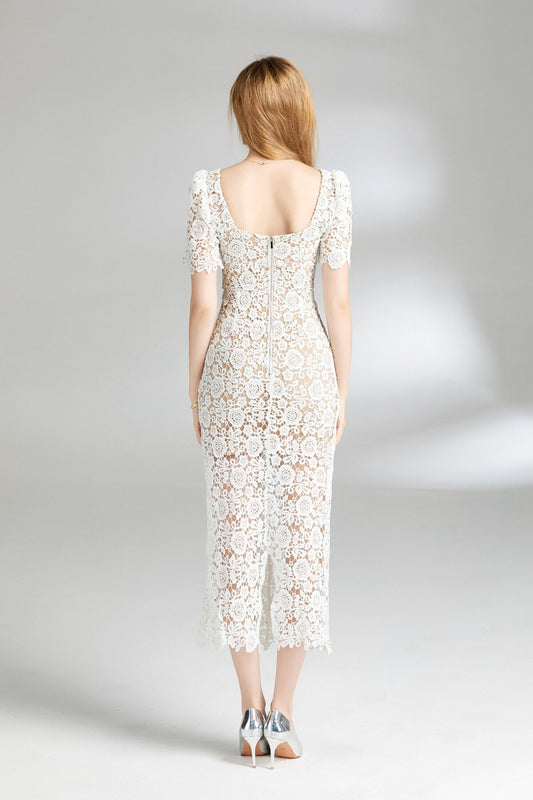 White Floral Lace Cut Out Dress-3