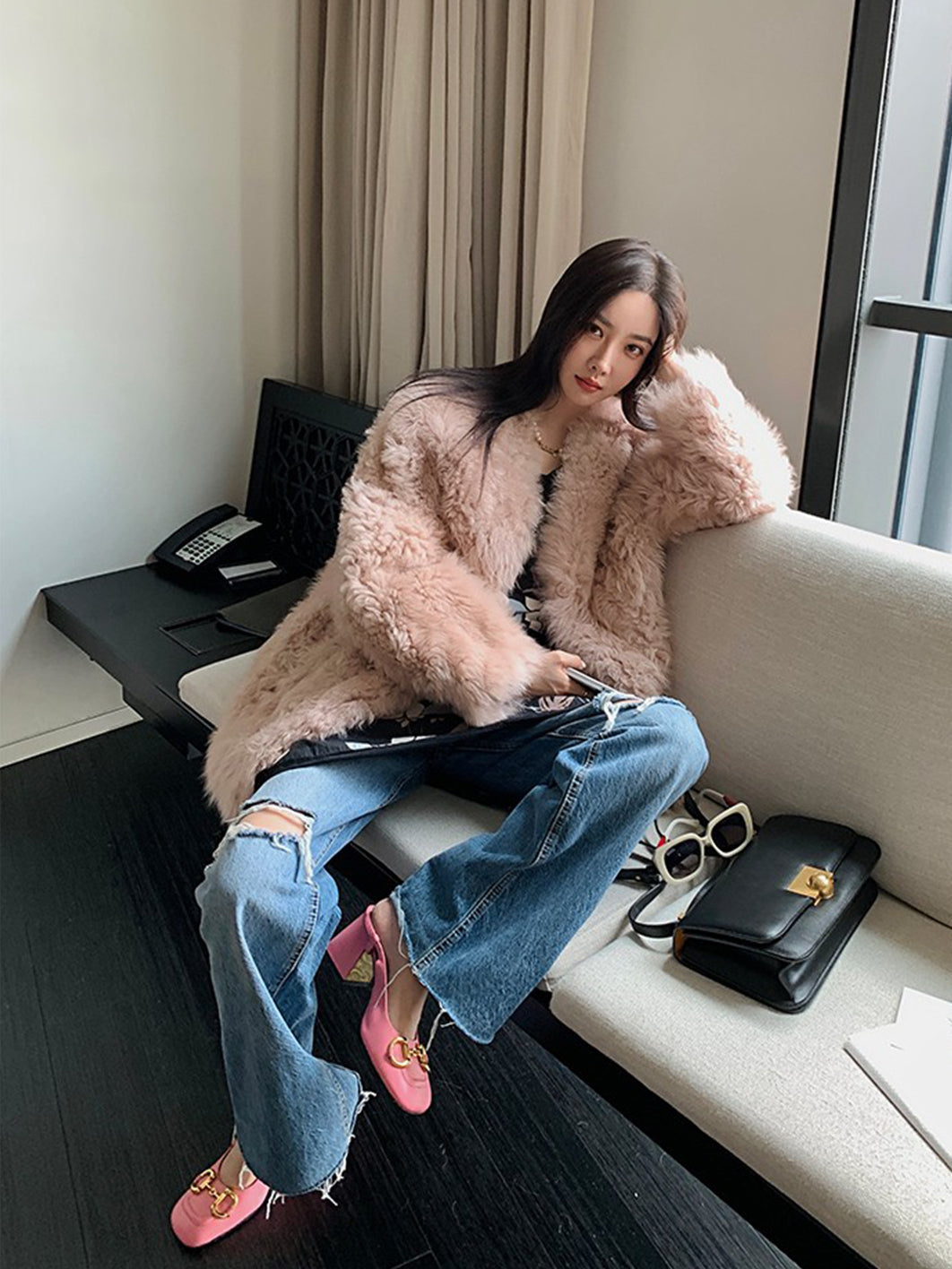 Peach Sheepskin Coat for Winter