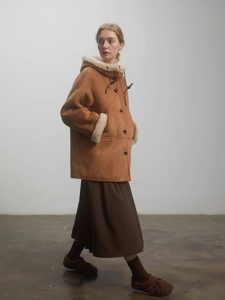 Fireladyfur "Danish Winter" Shearling Coat | Short & Hooded Suede Style"Danish Winter"