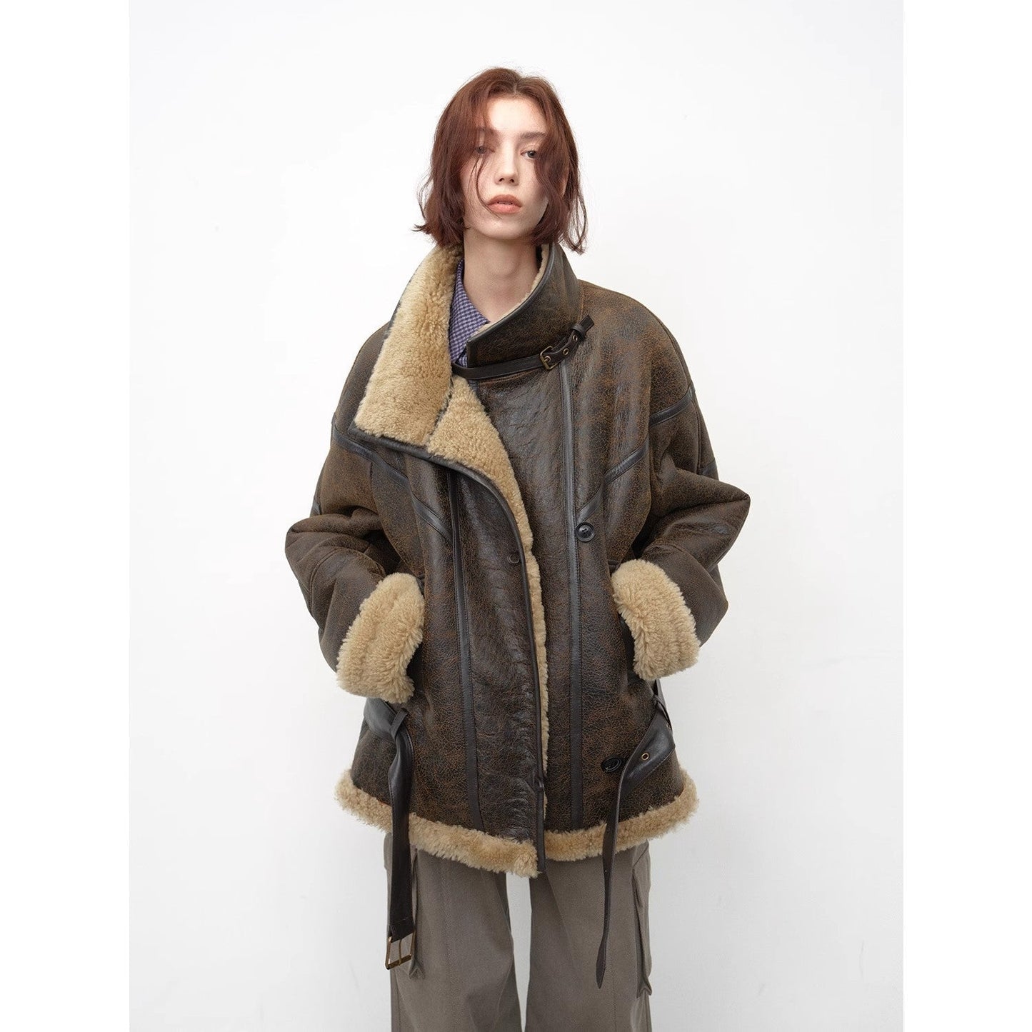 "London Street"Motorcycle Style Lapel Imported Merino Fur One-piece Fur Jacket Winter
