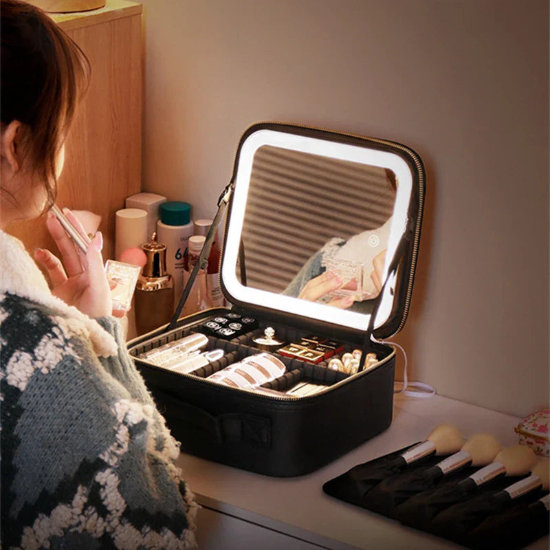 Cosmetic Bag with LED Light & Full-Screen Mirror