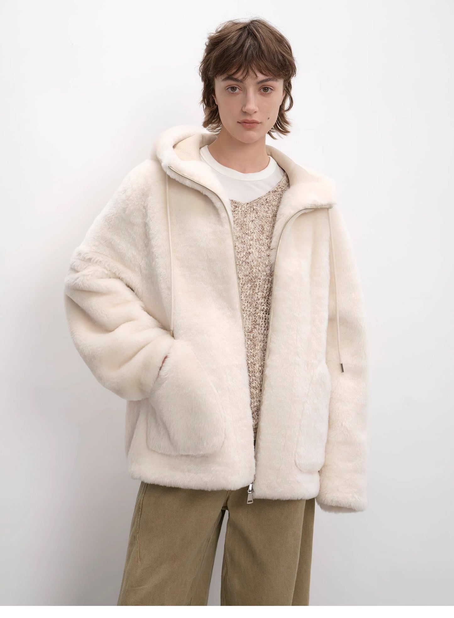 Casual hooded silhouette dropped shoulder wool sheepskin fur coat for women