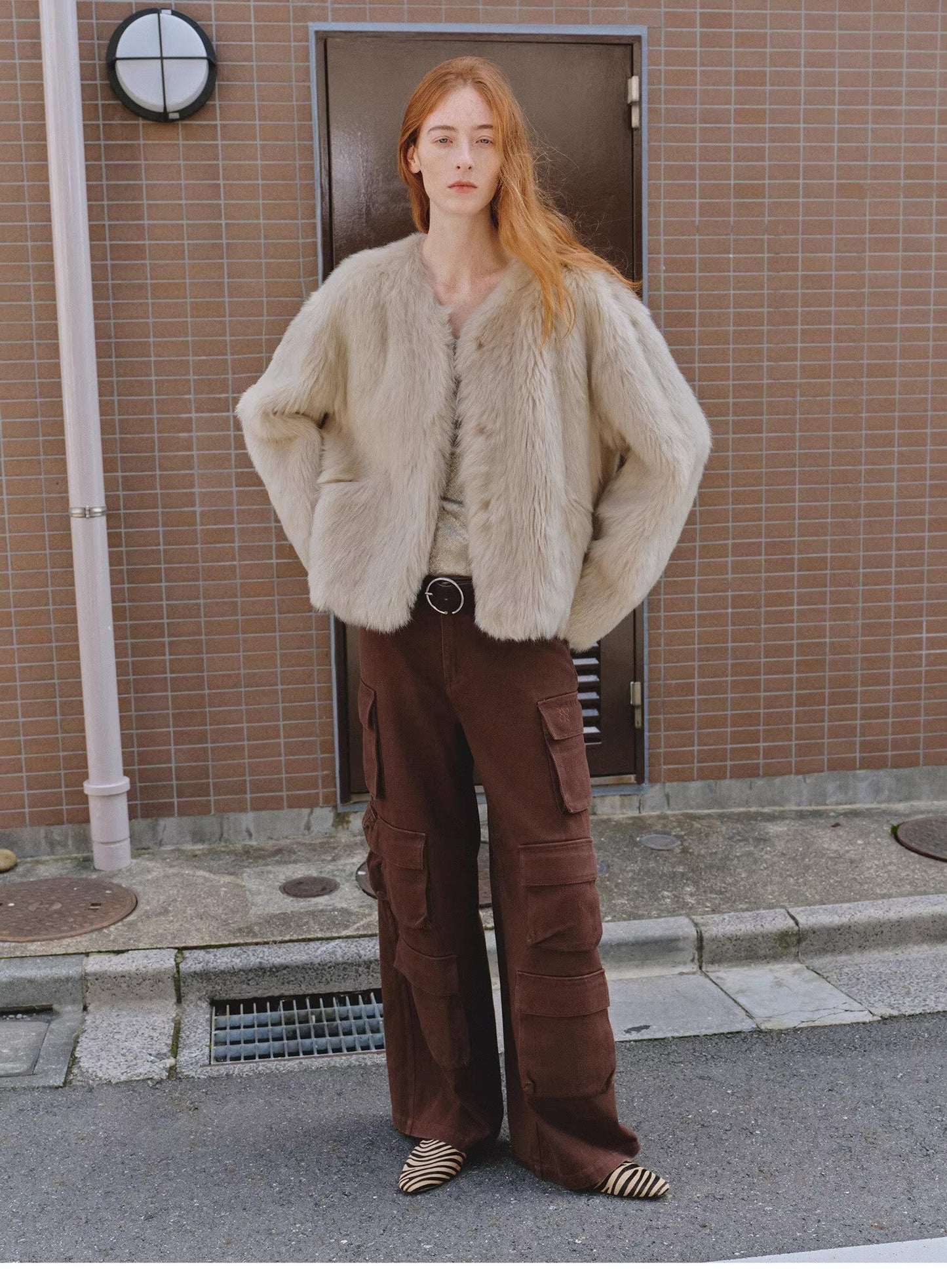 "Darcy Manor" imported Tuscan straight wool sheepskin sweetheart collar short fur coat