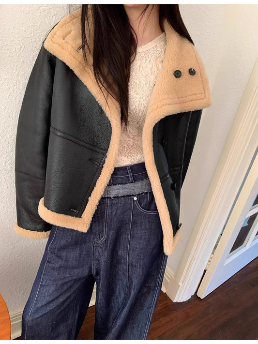 "Corner Coffee" Merino wool sheepskin stand-up collar motorcycle reversible young fur coat for women