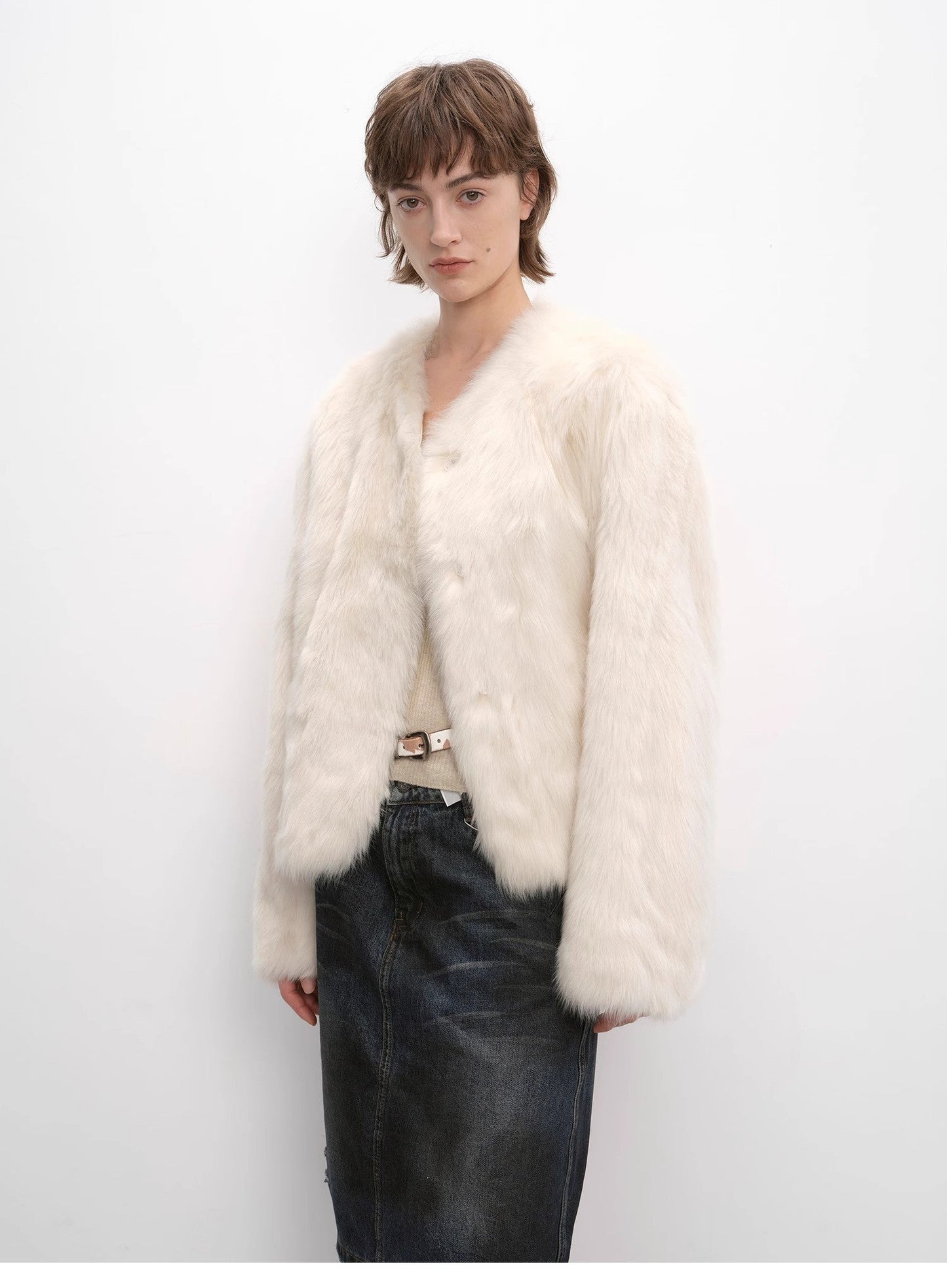 "Darcy Manor" imported Tuscan straight wool sheepskin sweetheart collar short fur coat