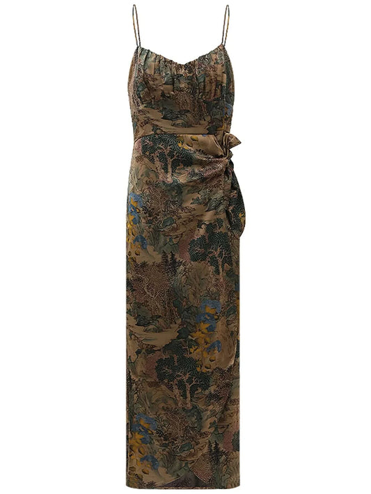 Oriental Gold Ruched Satin Print Slip Dress