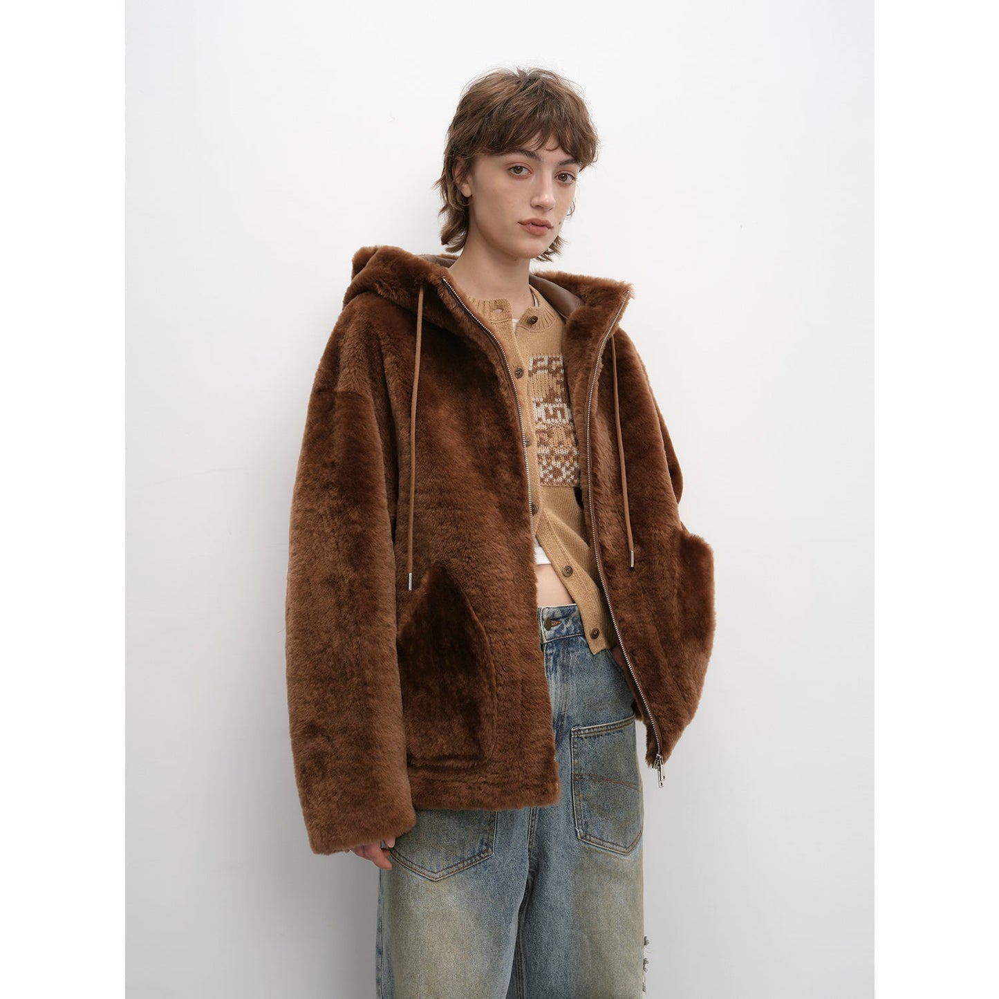 Casual hooded silhouette dropped shoulder wool sheepskin fur coat for women