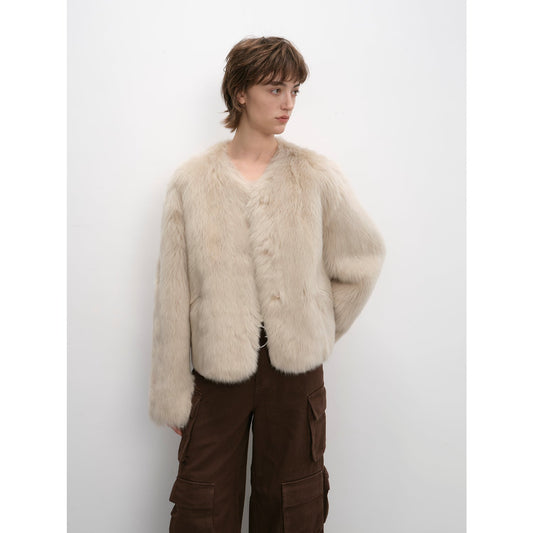 "Darcy Manor" imported Tuscan straight wool sheepskin sweetheart collar short fur coat