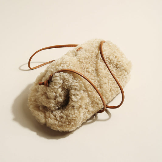 Apricot Beige Furry Double Thin Strap Shoulder Bag-1