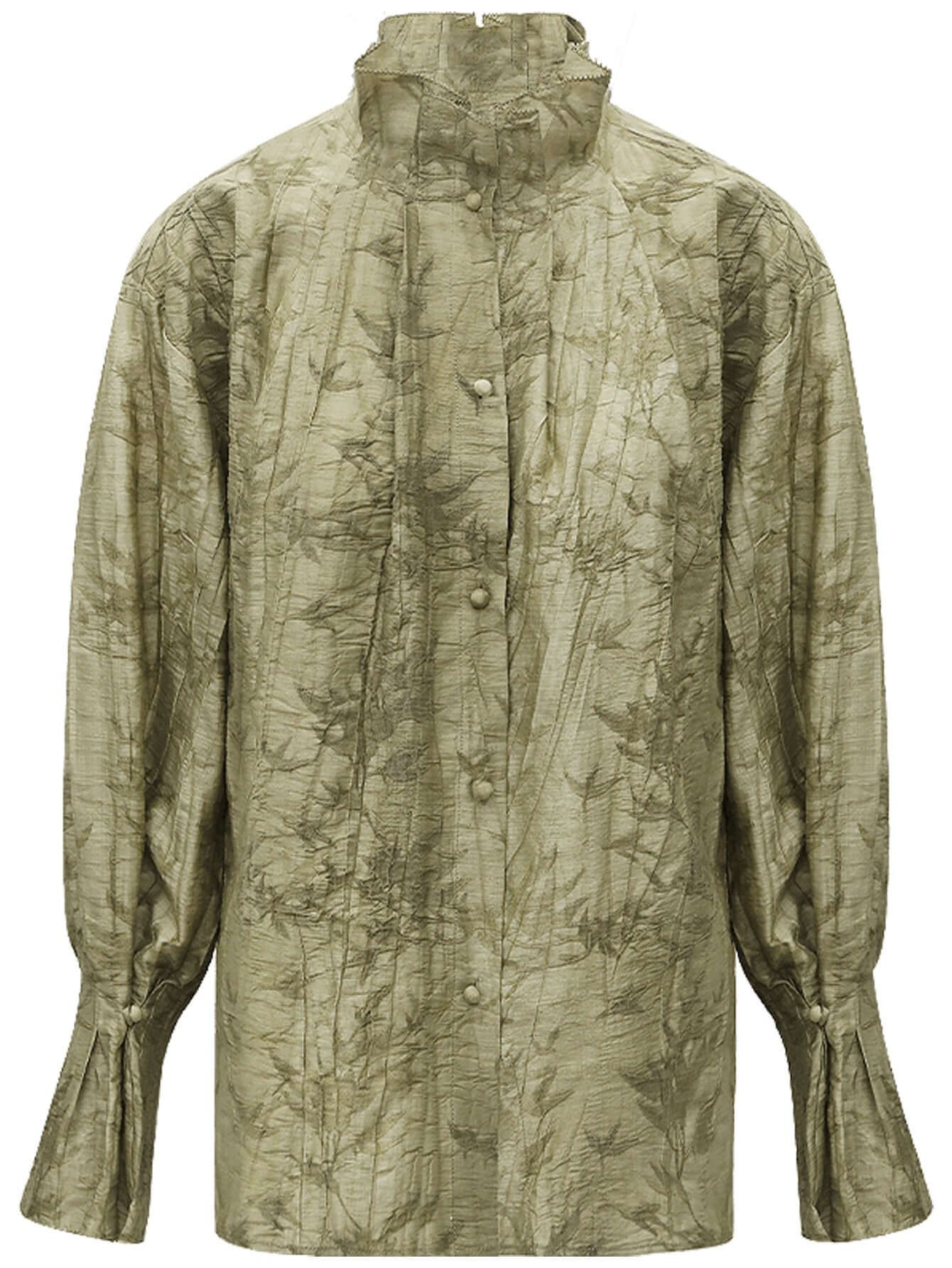 Bamboo Leaf Jacquard Ruffled Long Sleeve Blouse-3