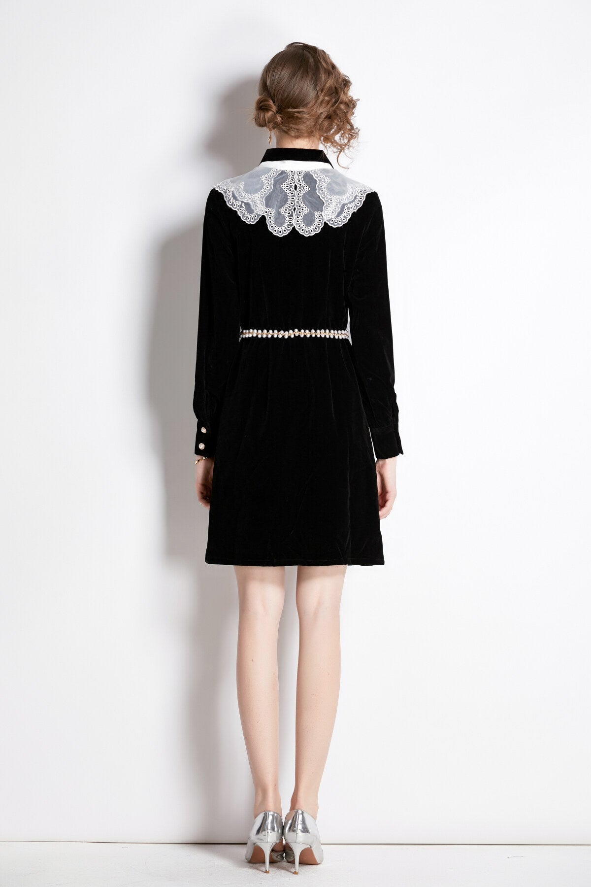 Black Velvet Embroidered Collar Button Up Long Sleeve Dress-3