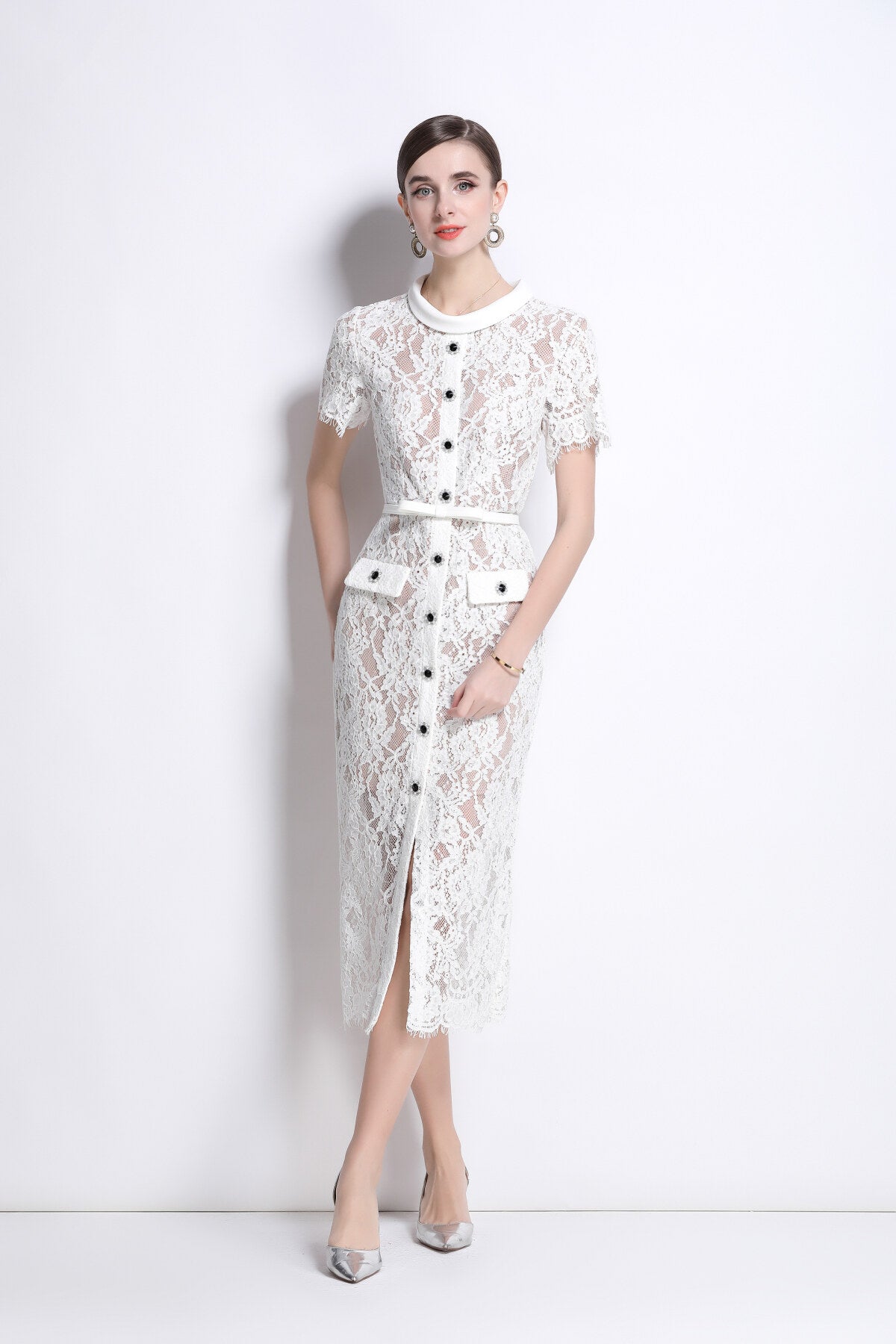Blanca Slim Fit Round Neck Button Down Lace Dress-2