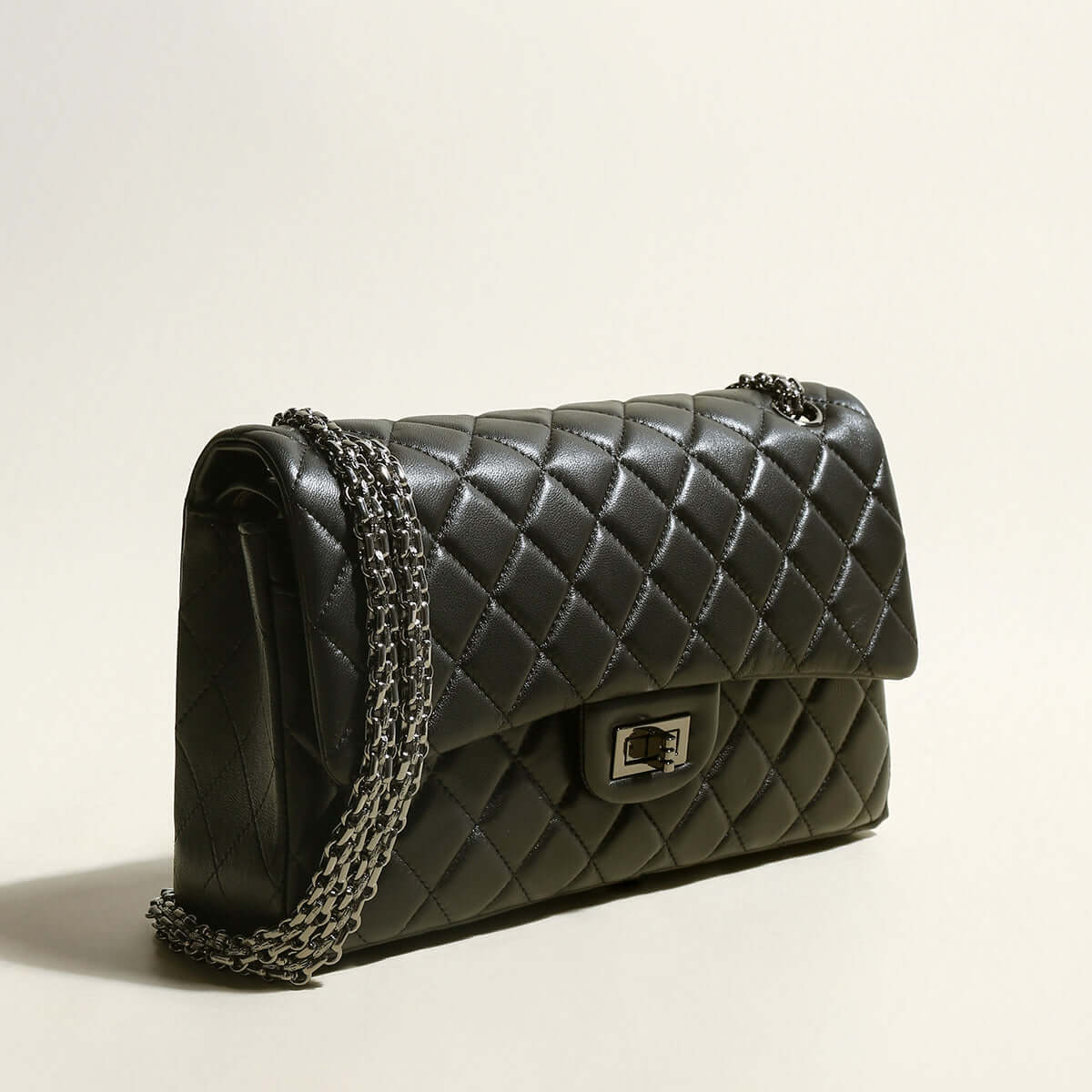 Capacious Black Quilted Bag with Metallic Chain Straps-1