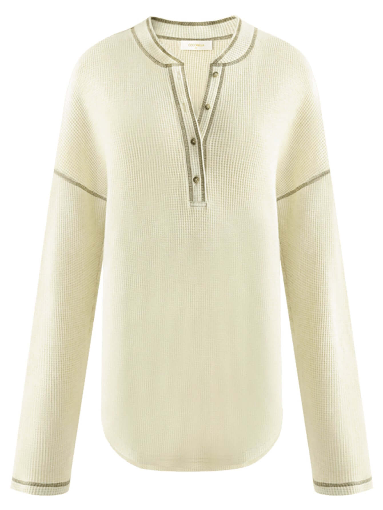 Casual Cream Half-Button Pullover Sweater with Contrast Lined Details-3