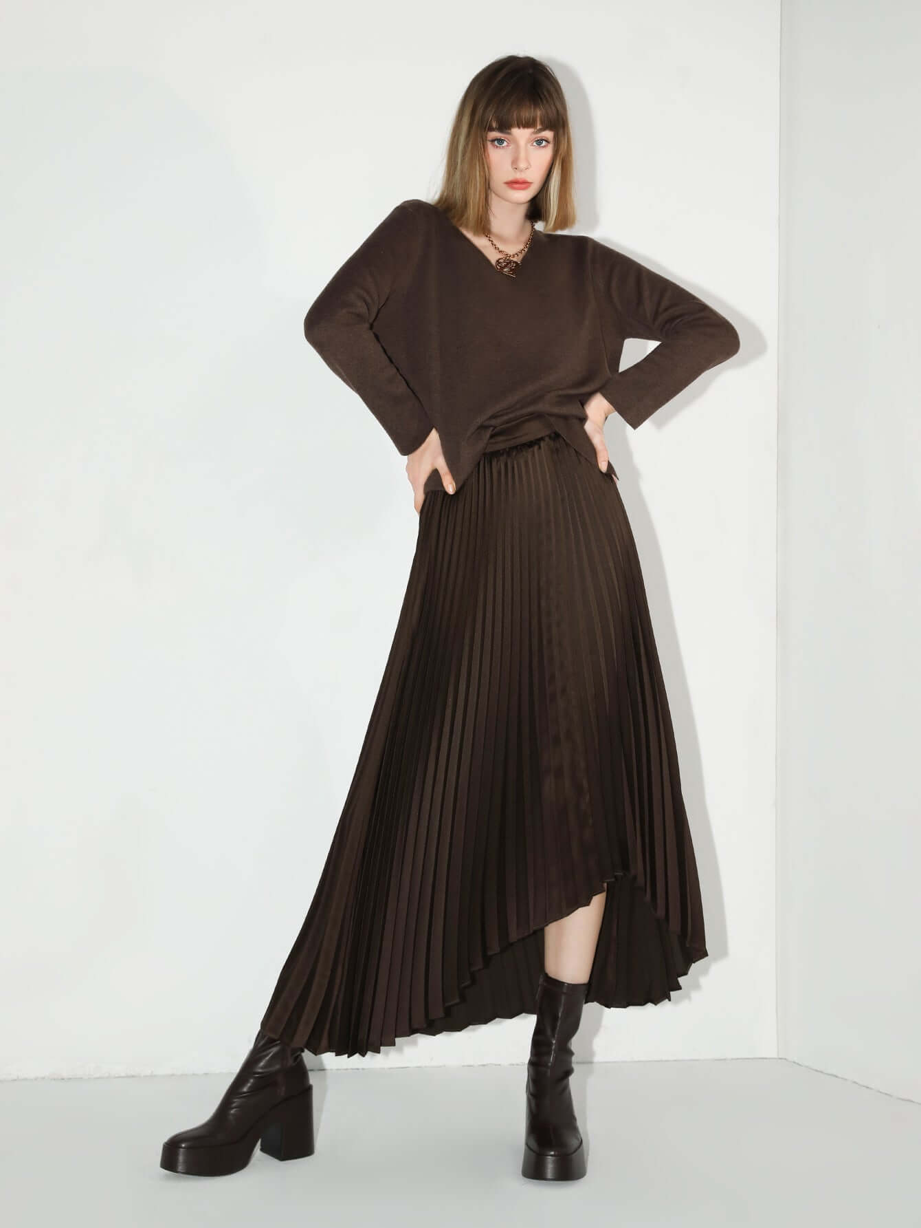 Chocolate Brown High-Low Asymmetric Pleated Midi Skirt-2
