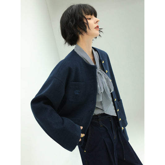 Classic Collarless Navy Woolen Jacket-1