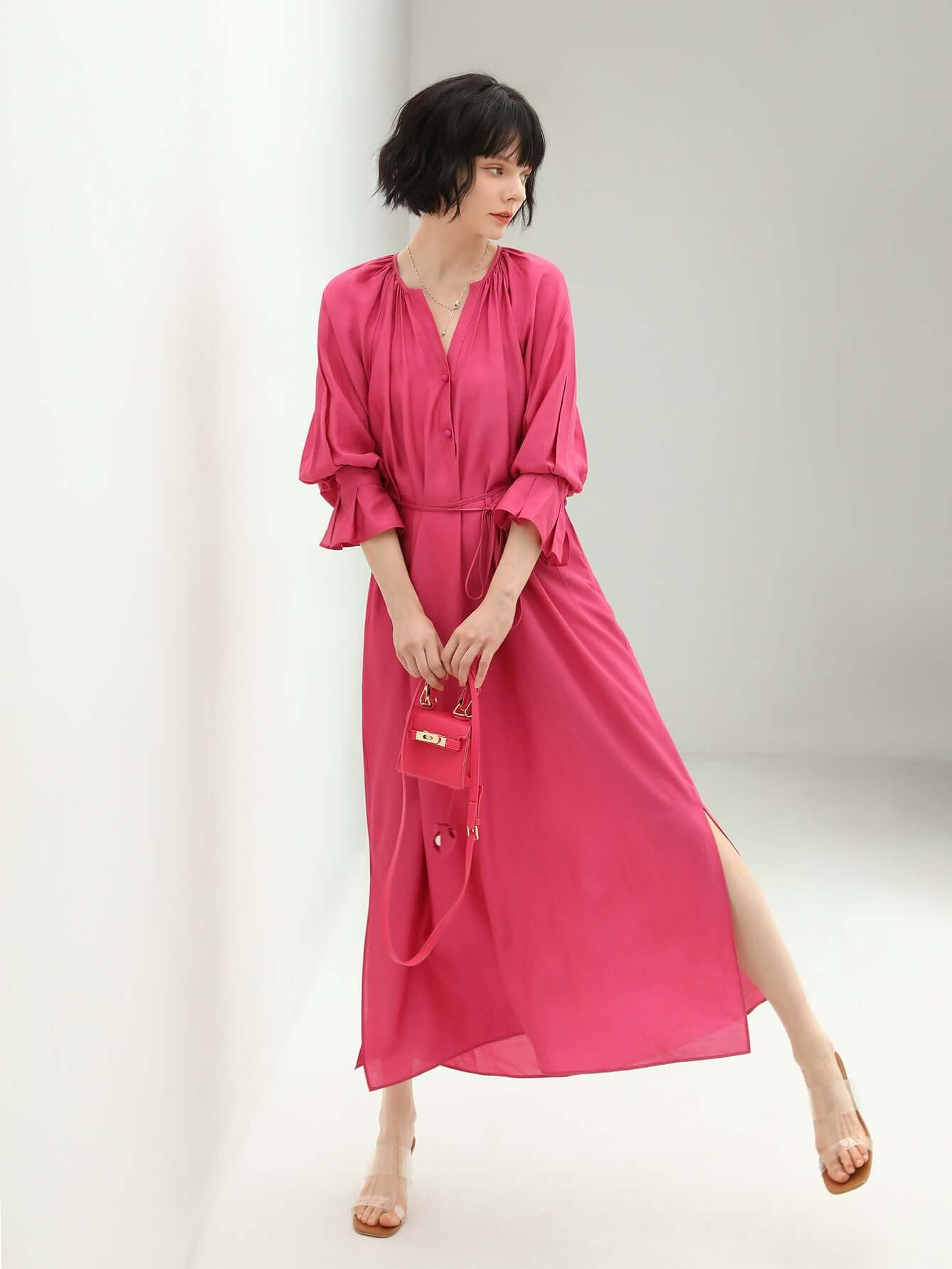 Elegant Pleated Rosebud Pink Blossom Shirt Dress-0