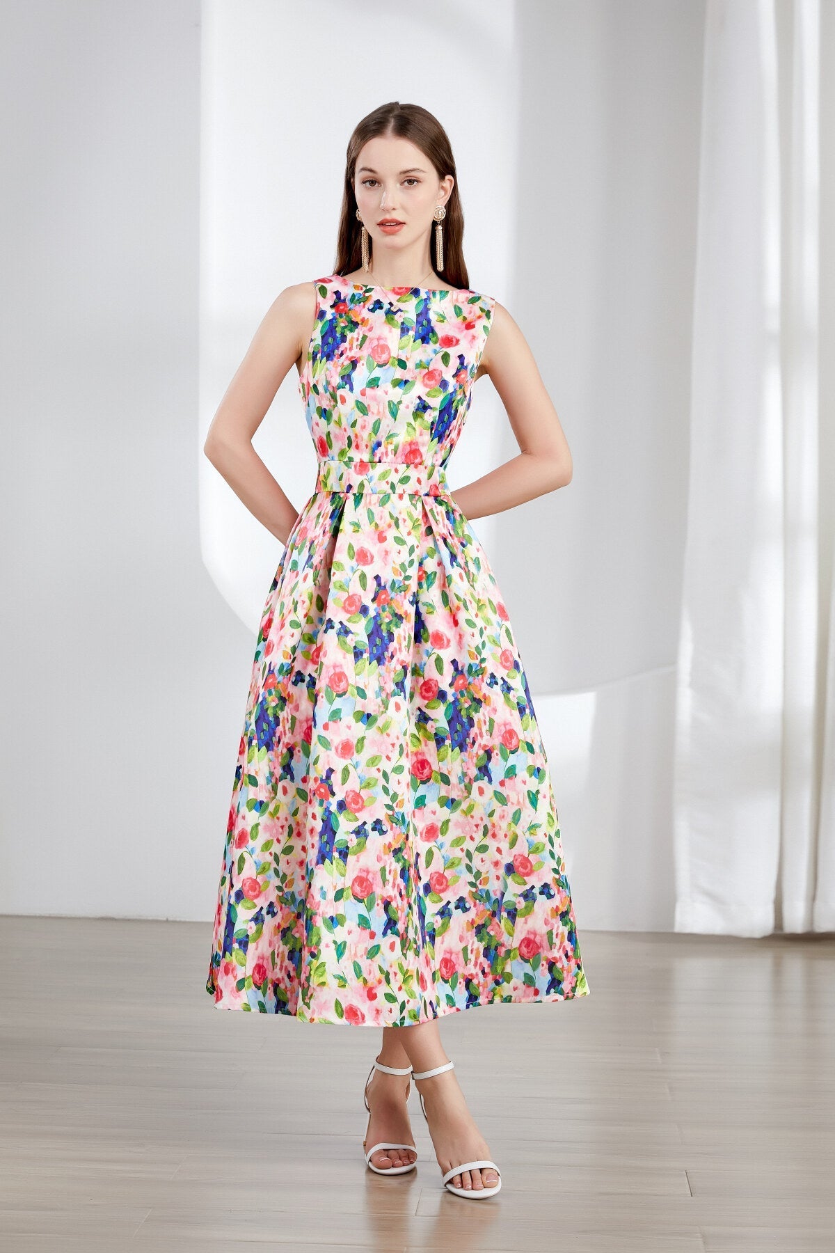 Floral Sleeveless Boatneck Flared A Line Midi Dress-0
